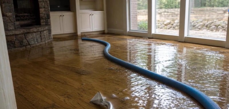 Flooded hardwood living room before emergency water extraction in Burleson, TX