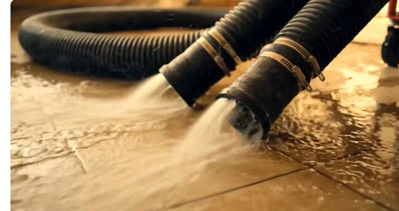 Discharge hoses carrying flood water out during storm cleanup in Burleson, TX